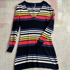 Free People Striped Ribbed V Neck Long Sleeve Sweater Dress XS